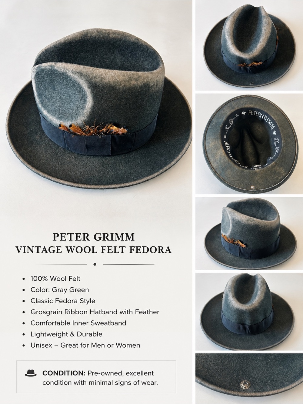 Peter Grimm Vintage Gray-Green Wool Felt Fedora with Feather Grosgrain Hatband